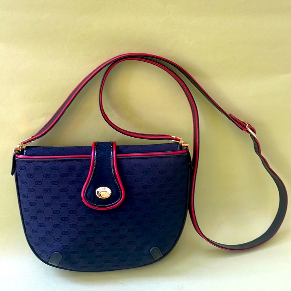 Vintage black/red/gold Gucci canvas/leather binocular type crossbody bag